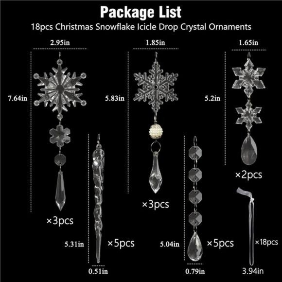 18pcs Christmas Tree Crystal Ornaments - Hanging Acrylic Snowflake Icicle Drop - Picture 5 of 6